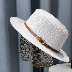 White Straw Like Fedora Hat with Brown Leather Band